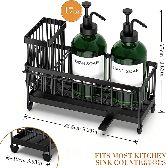 Kitchen Soap Dispenser Set with Sponge Holder and Towel Rack, 17OZ Glass Bottle, Hand and Dish Soap Dispenser Set, Non-Slip Silicone Pad, Brush Holder, Kitchen Sink Caddy Organizer Countertop (Green)