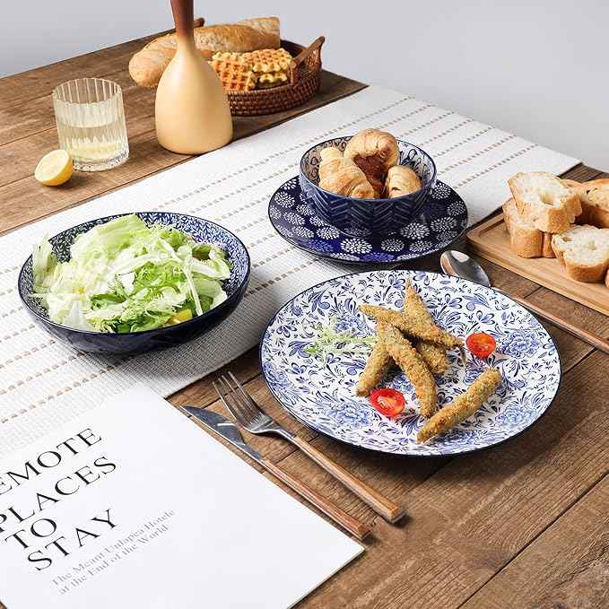 Selamica Dinnerware Sets 16 Piece, Ceramic Plates and Bowls Set, Embossed Dishes Set for 4, Housewarming, Dark Blue