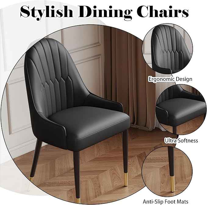 AF ARTISAN FURNITURE Black Dining Chairs Set of 2 with High Backs Mid Century Modern Kitchen Dining Room Chairs PU Faux Leather Upholstered Large Padded Accent Chair with Legs