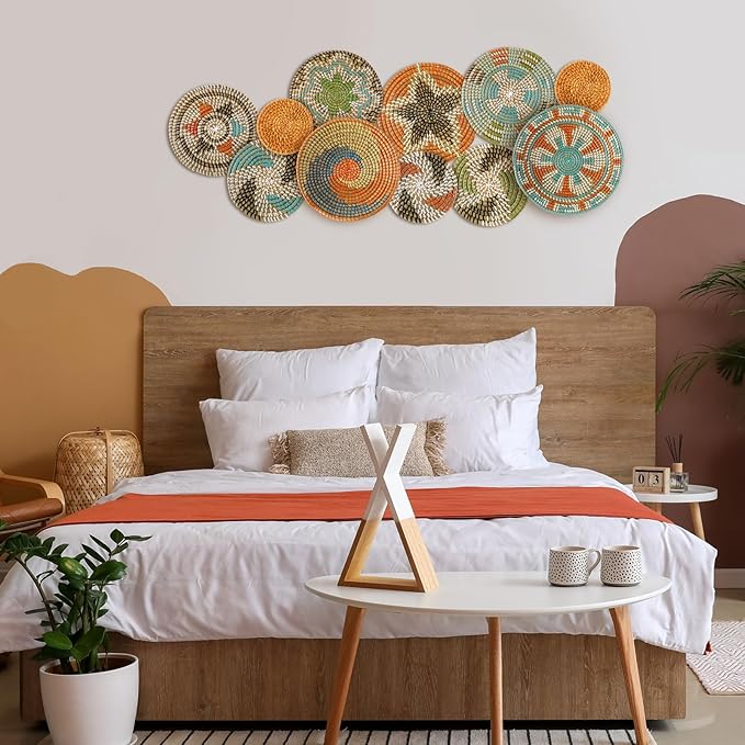 Tatuo 11 Pcs Boho Wall Basket Decor Bulrush Woven Wall Hanging Art Round Farmhouse Rustic Handmade Wicker for Summer Home, Bedroom, Living Room, Kitchen Decorations, Multi Sizes(Farmhouse)