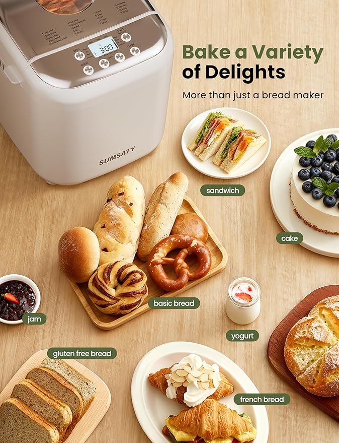 SUMSATY Bread Maker, 2.2LB 16-in-1 Bread Machine, Automatic Bread Maker Machine with Nonstick Pan & 15H Timer & 1H Keep Warm for Beginner, Breadmaker with Gluten-Free, French, Yogurt, Recipe