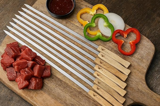 G & F Products Brazilian BBQ Skewers 16 Piece Set Stainless Steel Kabob Sticks 17-Inch Flat Blade with Hardwood Handles Reusable Commercial Grade for Grilling Meat Kebab and Outdoor Cooking