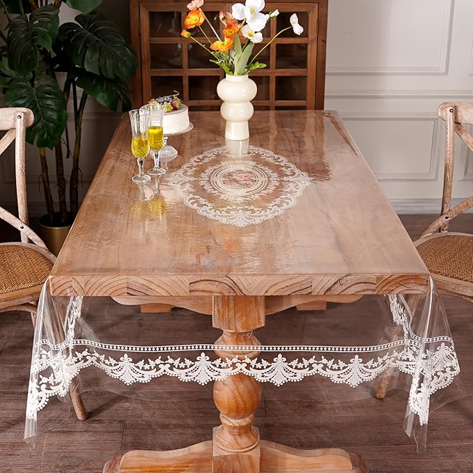 Clear Table Cover Protector Rectangle Vinyl Table Cloth Waterproof Oil Spill Proof Wipe Clean Lace Plastic Tablecloths for Dining Tables (French Lace, 60 x 120 Inches)