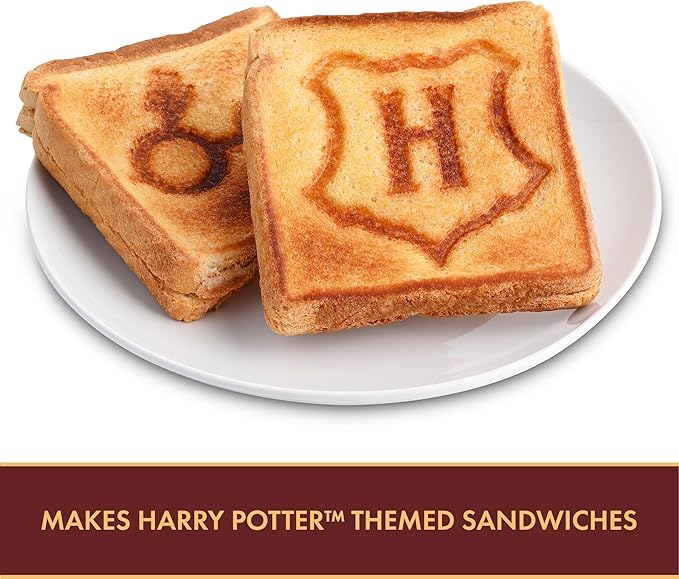 Warner Brothers Harry Potter Dual Sandwich Maker by Select Brands - Ceramic Coated Cooking Plates - Imprints Hogwarts Crest and Harry Potter Glasses on Toasted Sandwiches, Black and Gold, WBH-100SM