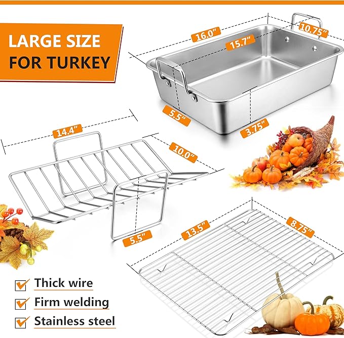 LIANYU 16 Inch Roasting Pan, Large Turkey Roaster with V-Shaped Rack and Baking Rack, Heavy Duty Stainless Steel Deep Broiling Lasagna Pan with Handle for Chicken, Dishwasher Safe