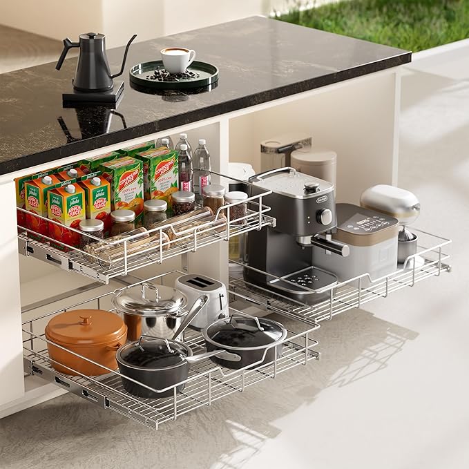2 Tier Pull Out Cabinet Organizer 24" W X 22" D, Slide Out Drawers For Kitchen Cabinets, Pull Out Drawers For Cabinets Capacity Heavy Duty Caddy, Cabinet Pullout Shelves Chrome-Plated, Bathroom Pantry