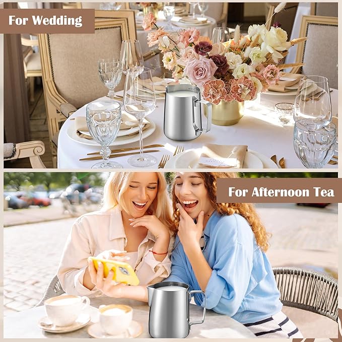Honeydak 2 Pcs Milk Frothing Pitcher 304 Stainless Steel Steaming Pitchers for Coffee Bar Cappuccino Barista Tools Milk Jug Steamer Frother Cup (12 oz)