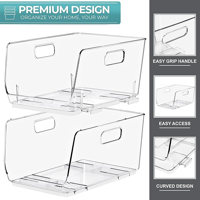 Sorbus Stackable Storage Bins Open Front, Clear Stackable Storage Bins, Pantry Bins for Storage and Organization, Acrylic Stackable Bins for Kitchen, Clear Pantry Organizer Bins (Medium 6 Pack)