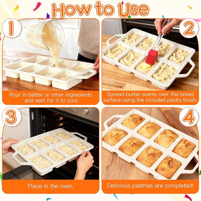 4 Pcs Silicone Muffin Pan Set with Metal Reinforced Frame, 12 Cup Regular Size Nonstick Cupcake Pan and 8-Cavity Mini Loaf Pans with 1 Pastry Brush, Silicone Cupcake Tin for Baking Egg Bites Bread