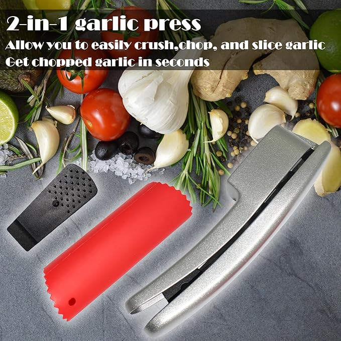 QPQ 2-in-1 Professional Garlic Press and Peeler Set, Aluminum Kitchen Tool with Built-in Cleaner, Manual Crusher and Mincer for Unpeeled Garlic Cloves,Fast And Portable Garlic Peeler