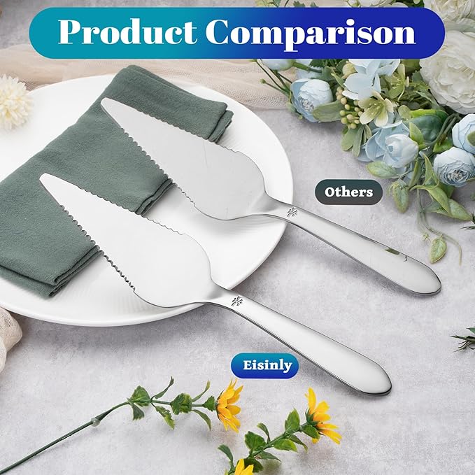 Eisinly Cake Pie Server Set for Wedding, Elegant Pizza Slicer Server Set with Stainless Steel Big Serrated Edges, Cake Cutter Pie Spatula for Birthday Anniversary, 2 Pcs, Silver