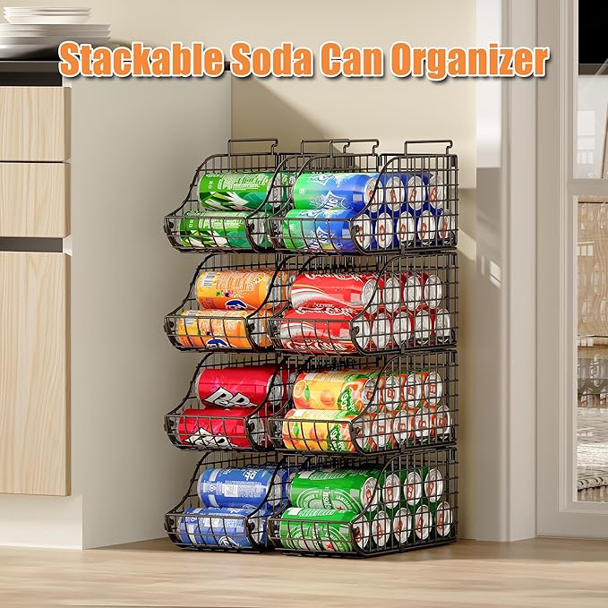 Sonyabecca 4-Pack Stackable Canned Food Organizer with Handles for Kitchen, Soda Can Organizer for Pantry Shelves, Wire Cabinet Shelf for Can Storage, Foldable Soda Dispenser, Patent Pending, Black