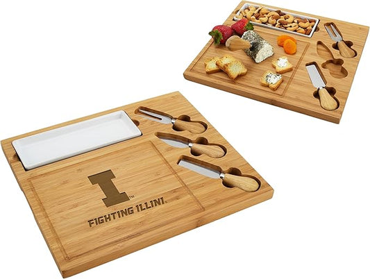 NCAA Illinois Fighting Illini Officially Licensed Bamboo Cheese/Charcuterie Board with Knife Set & Cheese Markers by Picnic at Ascot