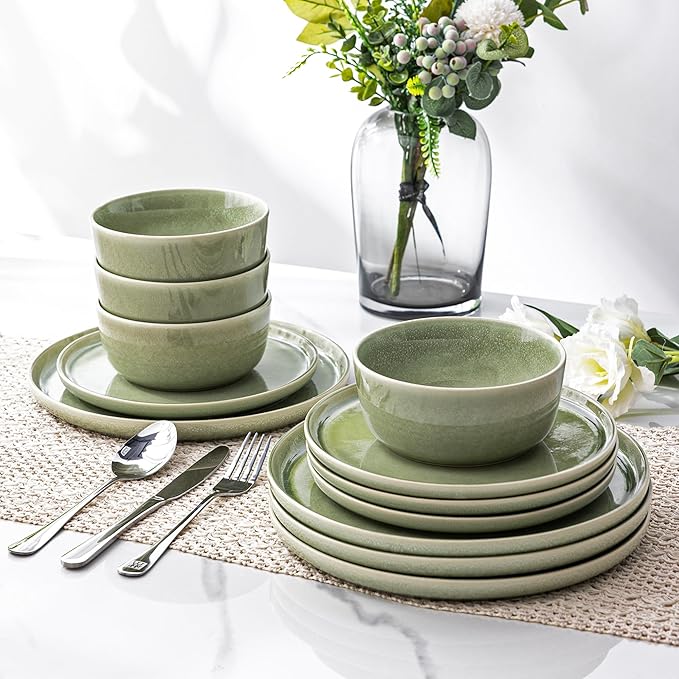 AmorArc Stoneware Dinnerware Sets for 4,Round Reactive Glaze Ceramic Plates and Bowls Set,Highly Scrath Resistant | Dishwasher & Microwave Safe Dishes Set,Service for 4 (12pc)