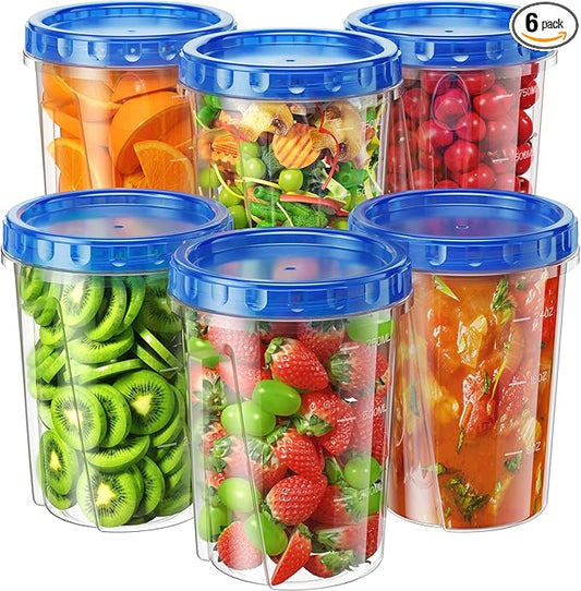 BiuLeon 6 Pack-34 oz Freezer Storage Containers, Plastic Food Storage Containers with Twist Top Lids, BPA Free and Reusable Soup Containers with Lids, Leakproof/Microwave/Dishwasher Safe