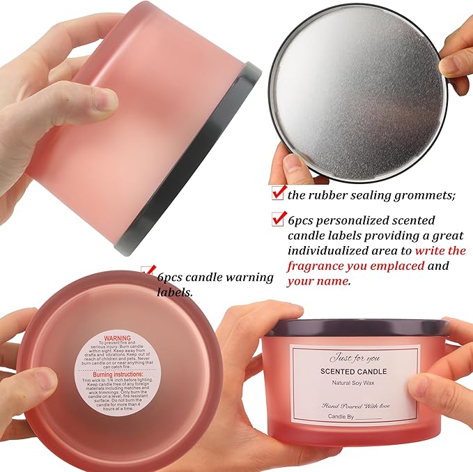 MILIVIXAY 6 Pack 24 oz Candle Jars with Metal Lids and Candle Making Kits - 3 Wick Candle Jar,Bulk Empty Matte Pink Thick Glass Jars for Making Large Candles - Spice, Powder Containers.