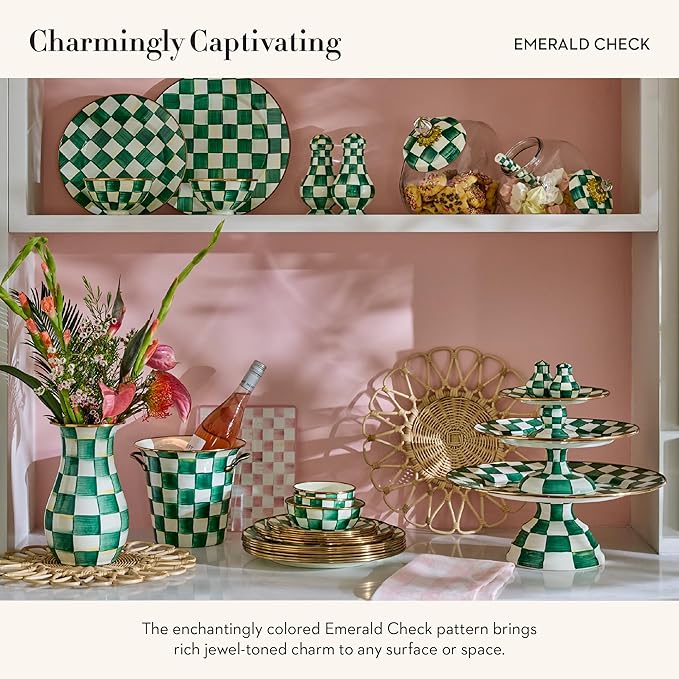 MACKENZIE-CHILDS Enamel Pedestal Platter, Round Cake Stand, Mini, Green-and-White Emerald Check