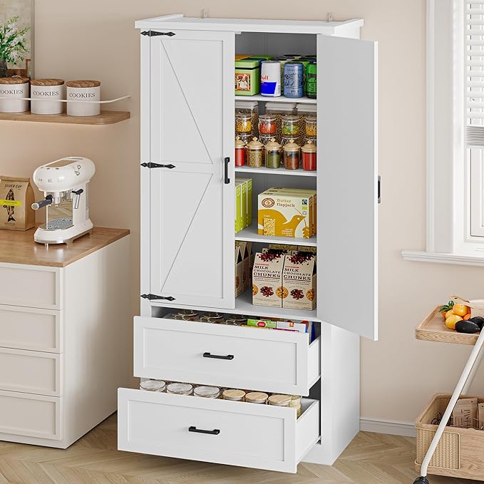 Pantry Organizers and Storage Cabinet, 71” Barn Door White Kitchen Cabinet with Drawers and Adjustable Shelf, Tall Pantry for Kitchen, Dining Room, Living Room. Bathroom and Office