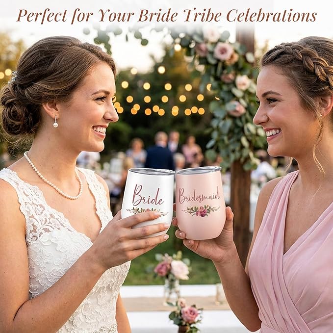 CARAKNOTS Bride Tumbler 12 oz - Insulated Stainless Steel Wine Tumbler with Lid and Straw - Bridal Shower, Engagement & Wedding Morning Gift, Keepsake for the Bride Futrue Mrs Cup