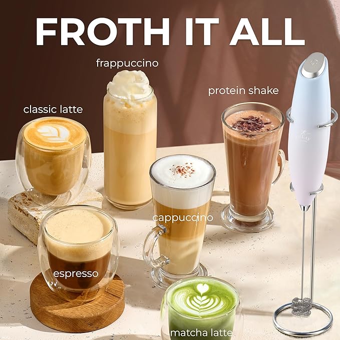 Zulay Kitchen Patented Tornado Triple Whisk Milk Frother with 4 Duracell Batteries – Handheld Foam Maker for Coffee, Lattes, Matcha & Hot Chocolate – Rich, Creamy Froth in Seconds - Sky Cloud