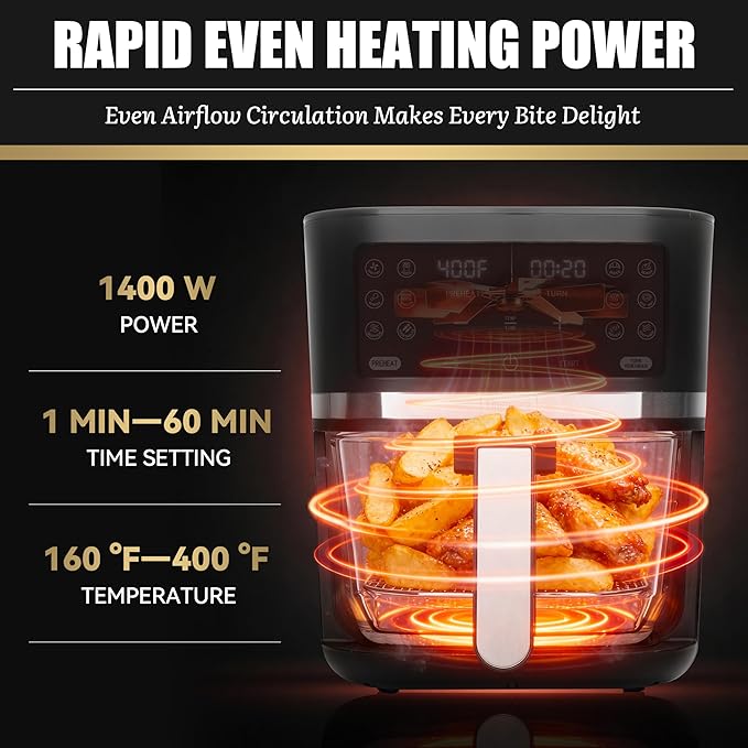 FineMade 12-in-1 Glass Air Fryer Non Toxic,4.5 Quart, Dishwasher-Safe Air fryer Glass Basket, Freidora De Aire De Vidrio, Temperature & Time Programable, PFOA & PFAS Free, Graphite