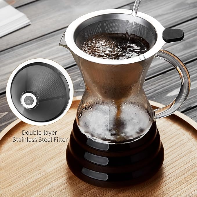Unbreakable - Pour Over Coffee Maker with Permanent Stainless Filter 40 fl oz, Thickened Heat-Resistant Borosilicate Glass Dripper Coffee Brewer, Stovetop Safe