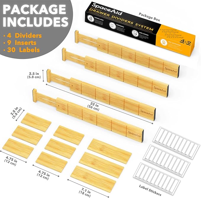 SpaceAid Bamboo Silverware Drawer Organizer with Labels (Natural, 6 Slots) Bamboo Drawer Dividers with Inserts
