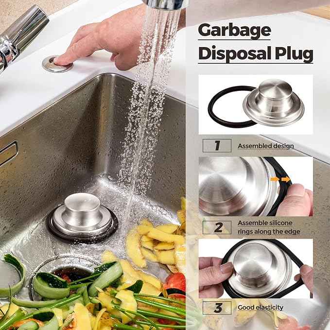 Mudder 3 Pcs Kitchen Sink Drain Strainer and Stopper Stainless Steel Garbage Disposal Plug with Handle Universal Anti-Clogging Kitchen Sink Filter Sieve Basket Strainer(Brushed Silver)