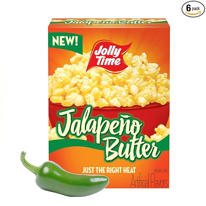 Jolly Time Jalapeño Butter, Microwave Popcorn with Just the Right Heat, 3oz Sharing Bag, 6 Bags Per Carton (Jalapeño Butter, 3 Ounce (Carton of 6))