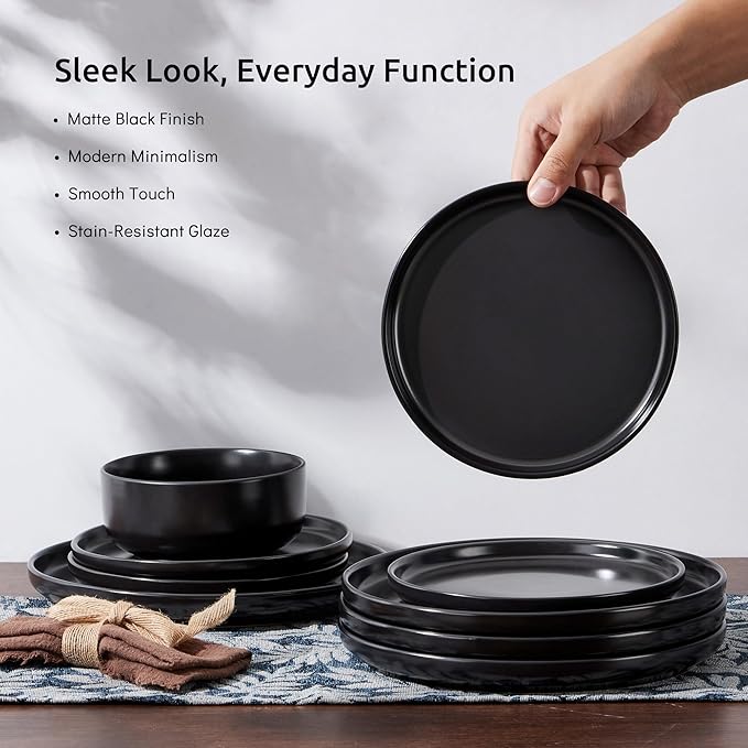 E-far Stoneware Dinnerware Sets for 6, 18-Piece Plates and Bowls Set, Modern Ceramic Dishes Dinning Ware, Microwave & Dishwasher Safe - Matte Black