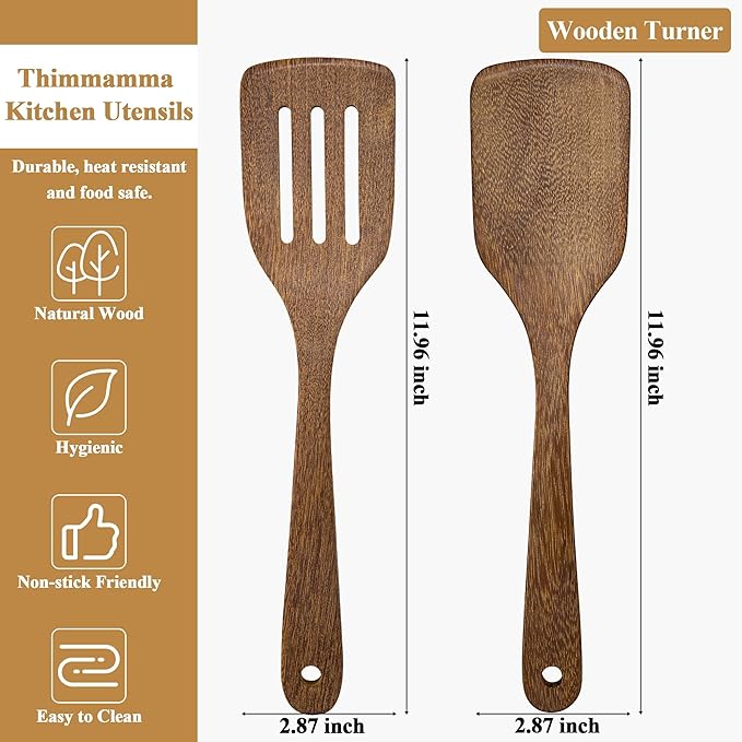Wooden Spatula for Cooking 12 Inches Wood Spatula Slotted Turner Cooking Utensils for Nonstick Cookware, Kitchen Spatulas for Fish, Eggs, Pancakes, 2 Pack