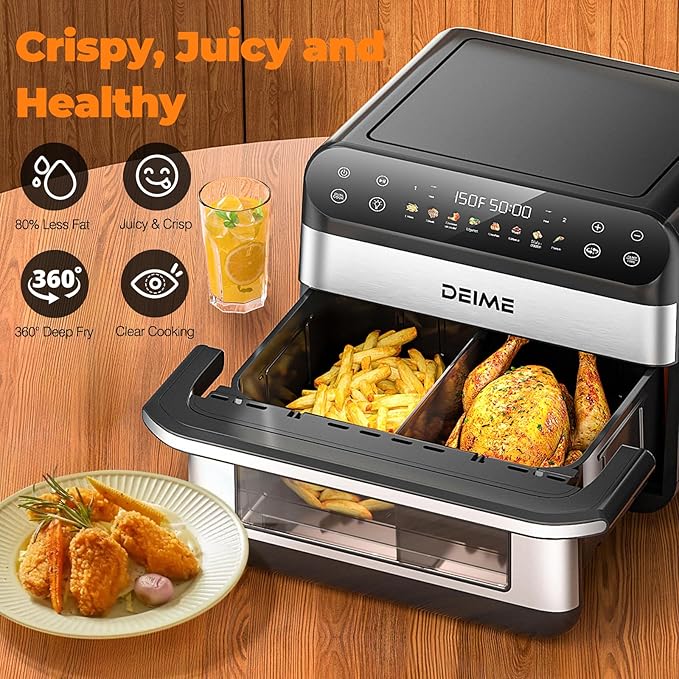 DEIME Dual Zone Air Fryer 10.6 QT Double 1800W Large Capacity Oven Air Fryers Healthy Cooker with 8 Preset, Large AirFryer for Families Visual Cooking Window, Non-Stick Basket, Included Recipe