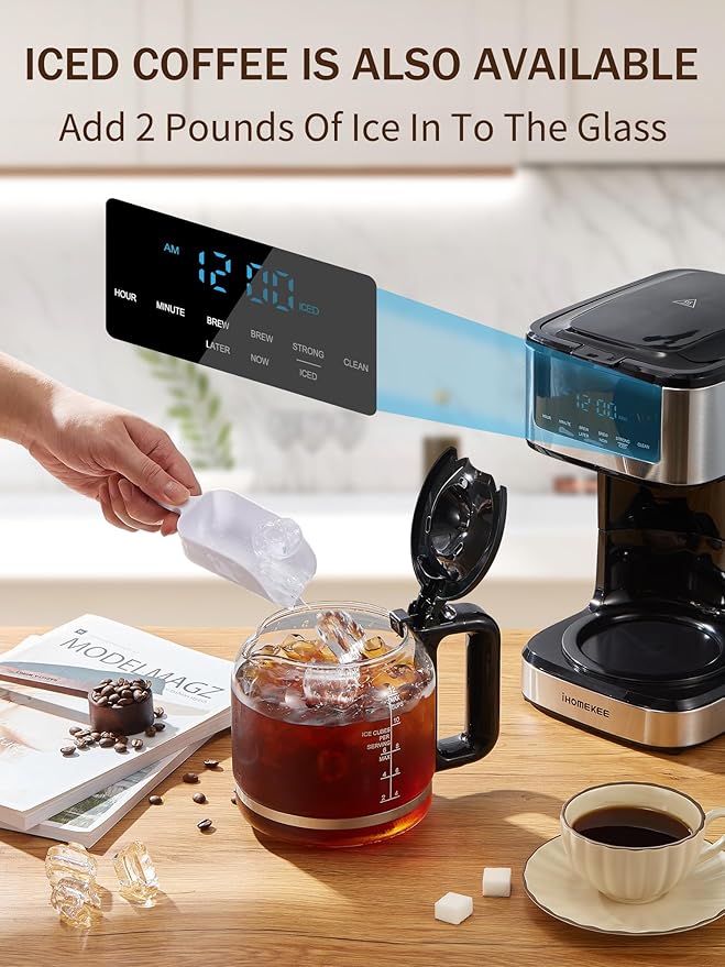 Ihomekee Coffee Maker, Programmable Drip Coffee Maker 12 Cup, Regular & Strong Brew Drip Coffee Machine with Iced Coffee Function for Home and Office, Black & Stainless Steel (Black,Silver)