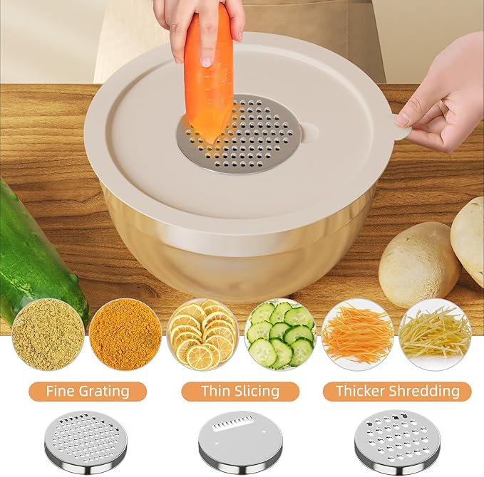 Fyrnova Mixing Bowls with Lids Set, 6 Piece Stainless Steel Nesting Storage Bowls for Kitchen, with 3 Grater Attachments & Non-Slip Bottoms, Size 5.5,3.5,2.5,2.1,1.5,1.1 QT