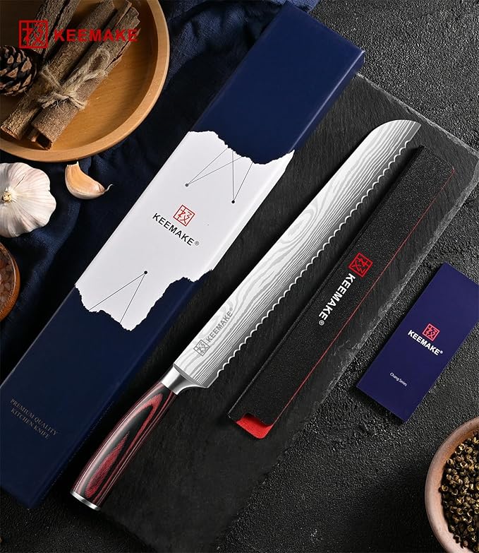 KEEMAKE 10 Inch Bread Knife for Homemade Bread - Ultra Sharp for Serrated Sourdough, Crusty Artisan Loaves, Bagels & Cake, High Carbon Stainless Steel Slicing Knife with Cover & Mom Gift Box