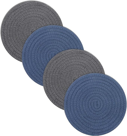 SHACOS 8 Inch Trivets for Hot Dishes, 4 Pcs Cotton Trivets Mats for Kitchen, Hot Pads for Countertops and Table, Heat-Resistant Pot Holders for Hot Pots and Pans(Blue+Dark Grey)