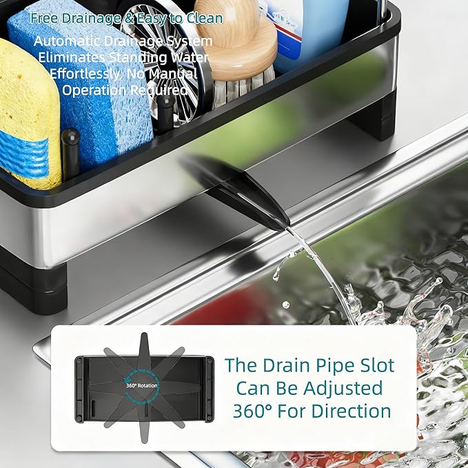 304 Stainless Steel Sink Caddy with Auto-Drain, Kitchen Sink Organizer Sponge Holder with Towel Rack & Removable Brush Holders, Countertop Storage for Soap Dispenser, Dishcloth, Kitchen Accessories