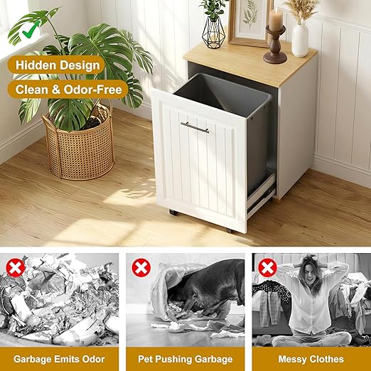 ZIFTY 10 Gallon Pull Out Trash Can Cabinet, Freestanding Kitchen Trash Bin Cabinet, Hidden Garbage & Recycling Cabinet, Pet Proof Trash Can Holder for Kitchen, Laundry & Living Room (White)