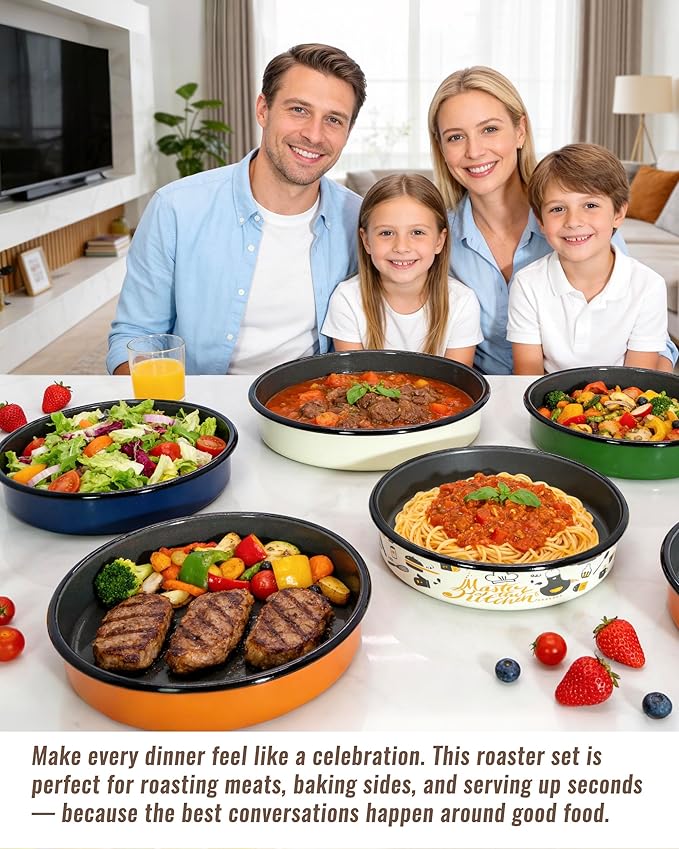 Enamel Round Roasting Pans Set Baking Dish 4-Pack 9/10/12/14 Inch NonStick High Temperature Resistance Cookware for Cake Bread Pizza, Oven Dishwasher Safe Wife Mother Day Gift Bakeware