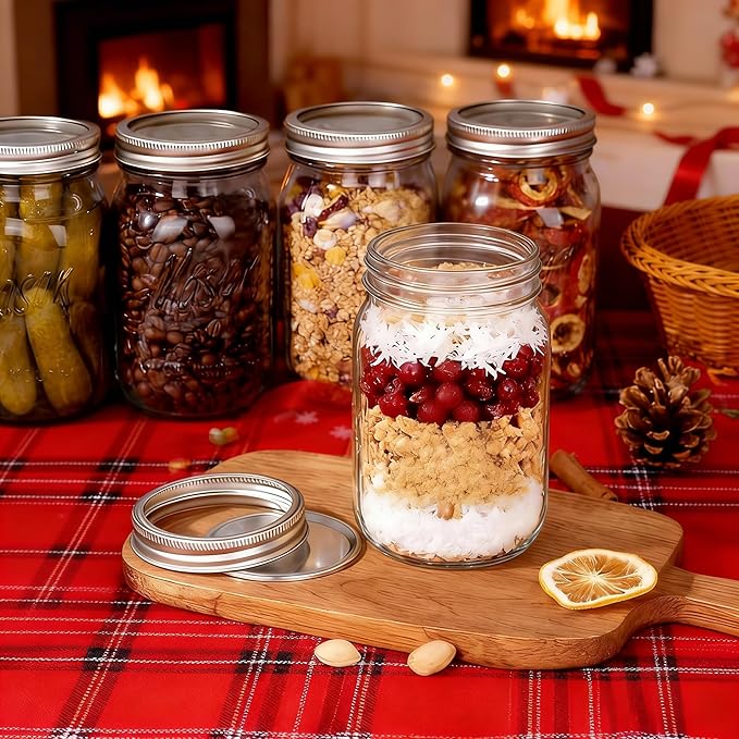 WELLIFE Wide Mouth Mason Jars, 12 Pack Mason Jars 32 oz for Pickling, Canning, Fermenting and Food Storage, Microwave & Dishwasher Safe