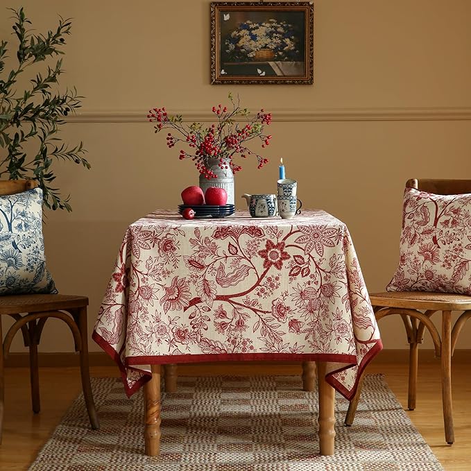 ISAENNE Designer French Linen Square Tablecloth,Red Floral Washable Indoor Table Cloth,Durable Home Decor Tablecloths for Dining Thanksgiving Kitchen Tea Party Christmas,67"*67"-Ruyi A
