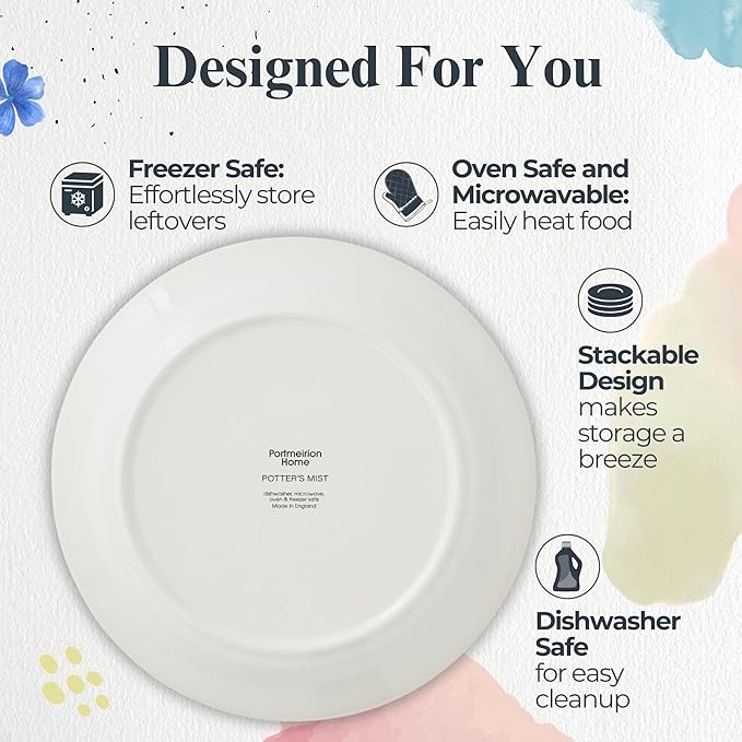 Portmeirion Potter's Mist Dinner Plate (Set of 4) - 10.5-Inch Stackable Earthenware Plates - Microwave & Dishwasher Safe, Handcrafted Dinnerware for Casual & Formal Table Settings (Blue Mist)