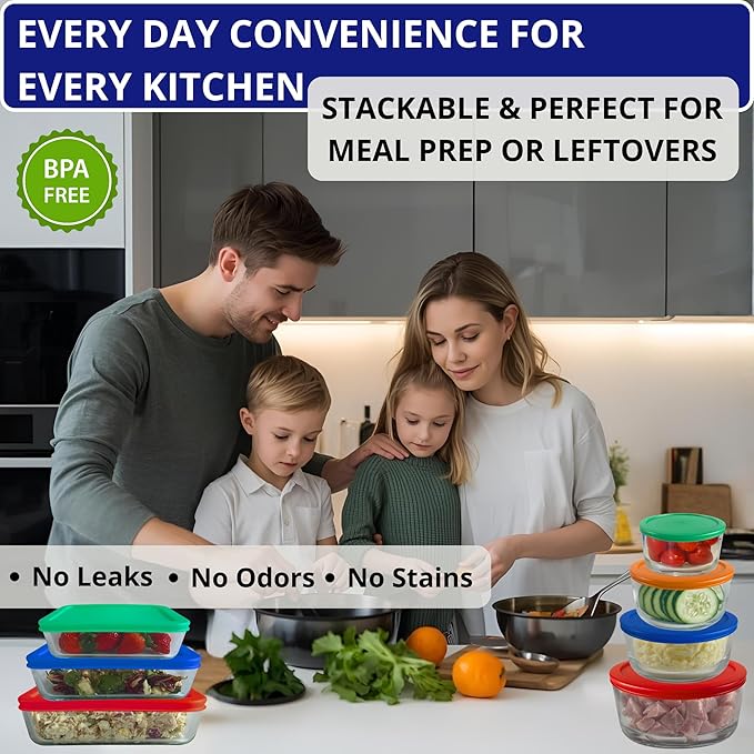 1, 2, 4 & 7 Cup Round & 3, 6, 11 Cup Rectangle Replacement Lids/Covers for Pyrex, Anchor Hocking & KlareWare Storage Bowls *Lids Only -Glass Container Not Included*, 14 Pack *2 of Each Size*