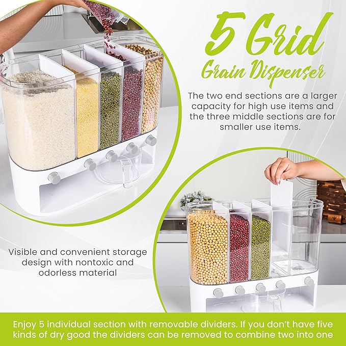 Wall Mounted Dry Food Dispenser with Individual Containers and Removable Walls for Rice, Beans, small grains, Lentils for Pantry and Kitchen Storage with Measuring Cup – 5 Grids