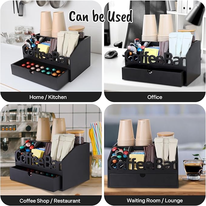 Coffee Bar Organizer for Countertop - Wooden Coffee Organizer Condiment Station, Coffee Station Organizer for Home & Office, K Cup Stand for Counter, Tea Box - Black Drawer Type