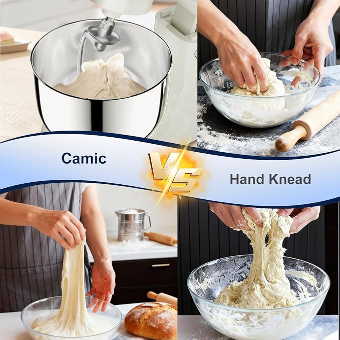 Camic Stand Mixer, 4.2QT+5.3QT Two bowls Electric Food Mixer, 10 Speeds with Digital setting 3-IN-1 Kitchen Mixer for Baking Cakes Cookie Bread Salad with Egg Whisk,Dough Hook,Flat Beater (White)