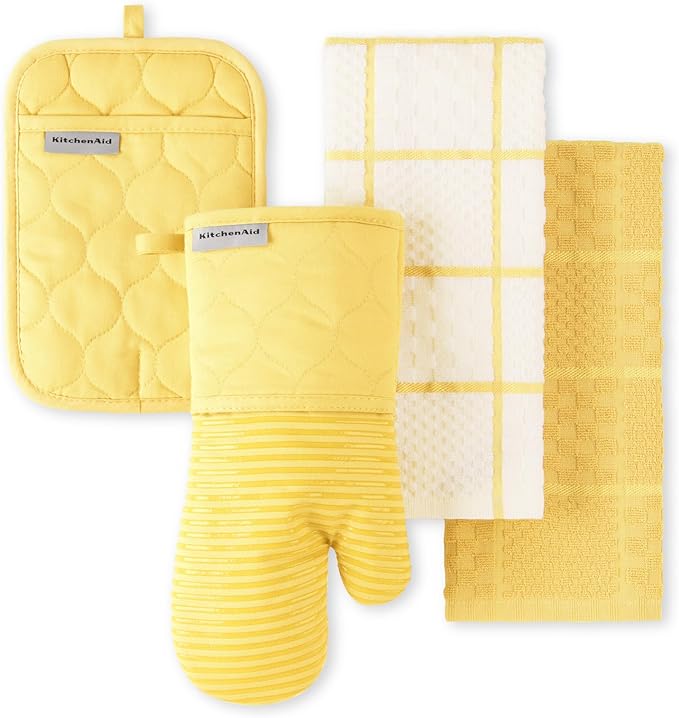 KITCHENAID Quilted Cotton Terry Cloth Oven Mitt, Pot Holder, Kitchen Towel 4-Pack Set, Heat Resistant, Silicone Grip, 16"x26", 7"x13" & 7"x10", Butter Yellow