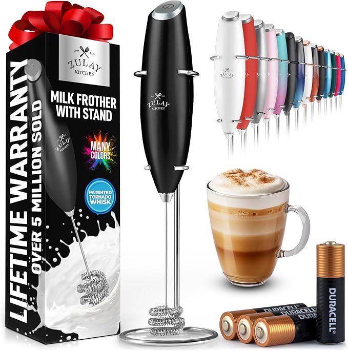 Zulay Kitchen Patented Tornado Triple Whisk Milk Frother with 4 Duracell Batteries – Handheld Foam Maker for Coffee, Lattes, Matcha & Hot Chocolate – Rich, Creamy Froth in Seconds - Obsidian Black