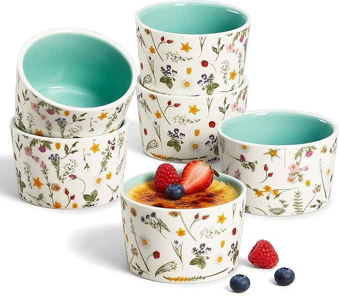 ONEMORE 6 oz Ramekins Oven Safe, Floral Ceramic Ramekin Set of 6 Mint Green Ramekins for Baking & Serving, Creme Brulee Dishes, Custard Pudding Souffle Cups, Small Dessert Bowls for Oven, Air Fryer