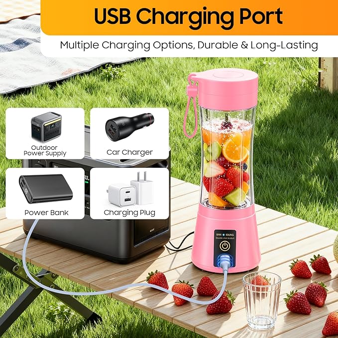 Cordless Portable Personal Size Blender - Mini Blender Make Smoothies and Shakes, 380Ml BPA Free Travel Cup, Powerful Blending Suit in Office/Home/Gym